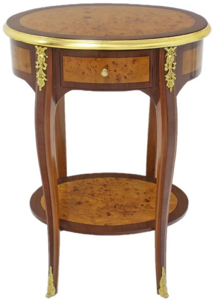 Casa Padrino mesa auxiliar barroco marrón oscuro / marrón claro / oro 50 x 35 x A. 75 cm - Mesa ovalada de madera maciza con cajón - Muebles de salón barrocos