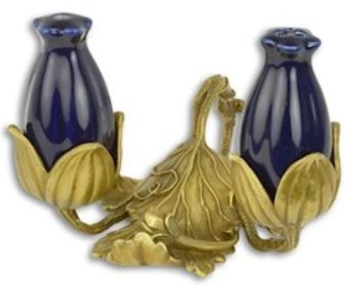 Casa Padrino conjunto de salero y pimentero Art Nouveau de porcelana con soporte azul oscuro / oro 11,7 x 11,4 x A. 8,8 cm - Accesorios para Hoteles y Restaurantes