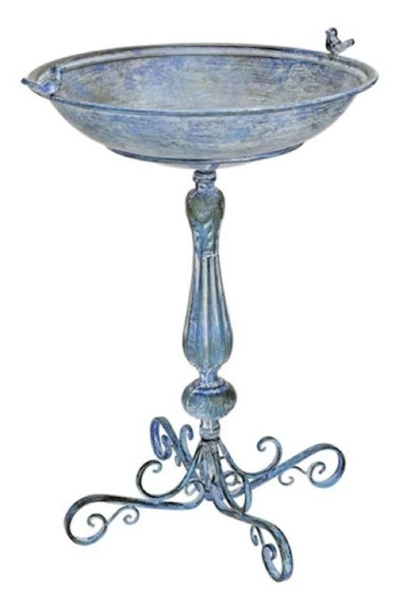 Casa Padrino ba?o para p¨¢jaros Art Nouveau con 2 p¨¢jaros decorativos azul antiguo 56 x 49 x A. 74 cm - Ba?o para p¨¢jaros redondo de metal - Decoraci¨®n de Jard¨ªn Barroco y Art Nouveau