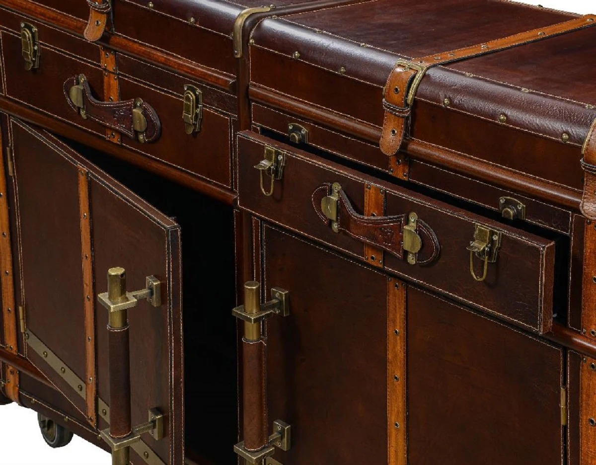 Casa Padrino consola de cuero de lujo en aspecto de maleta marr¨®n oscuro / marr¨®n / lat¨®n 166 x 47 x A. 90 cm - Mesa consola de cuero genuino - Muebles de cuero genuino de lujo en ¨®ptica de maleta