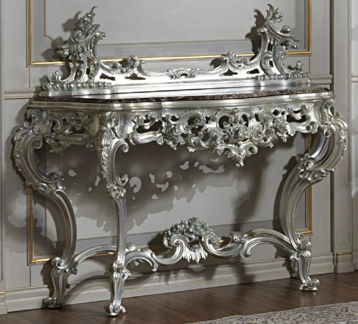 Casa Padrino consola barroco de lujo plata / negro - Magn¨ªfica consola tallada a mano con tapa de m¨¢rmol - Muebles de Hotel - Muebles de Castillo - Calidad de Lujo - Hecho en Italia