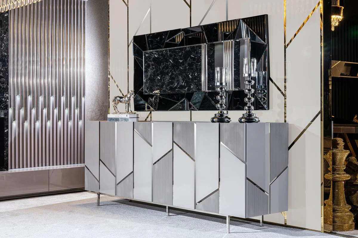 Casa Padrino aparador de lujo gris / plata 220 x 51 x A. 86 cm - Armario de madera maciza con 4 puertas - Muebles de comedor - Muebles de sal¨®n - Muebles de hotel - Muebles de lujo