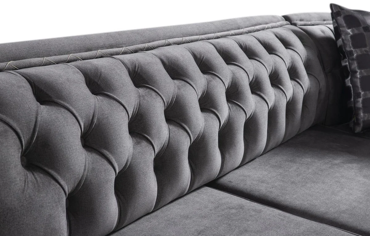 Casa Padrino conjunto de sala de estar Art Deco Chesterfield de lujo gris / negro / oro - 1 Sof¨¢ de Esquina con Almohadas y 1 Mesa de Centro - Muebles de sala nobles - Calidad de Lujo