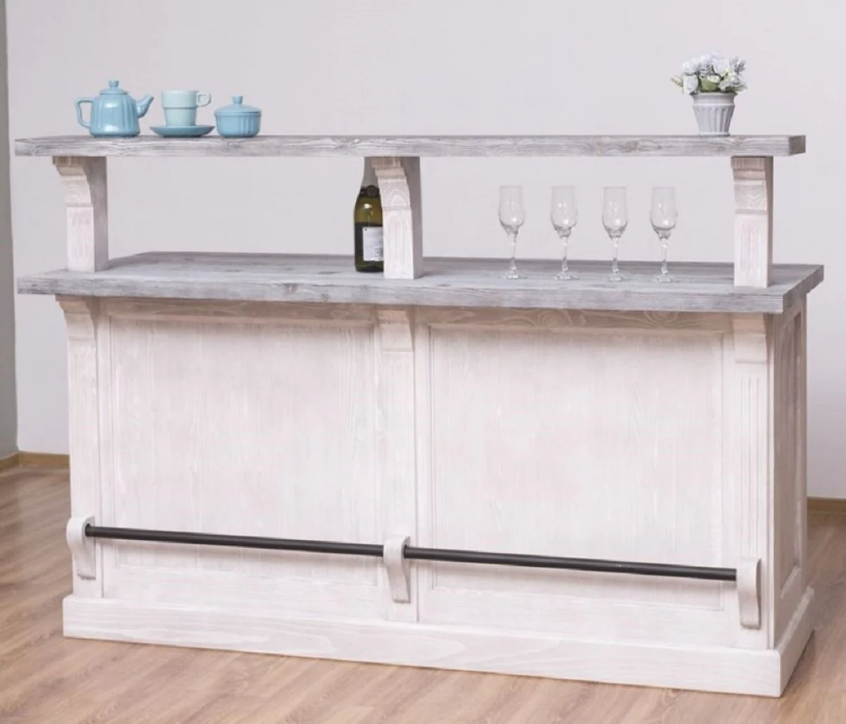 Casa Padrino barra de bar de estilo campestre gris claro / gris 180 x 68 x A. 120 cm - Barra de bar de madera maciza - Muebles de bar de madera maciza - Muebles de bar en estilo campestre
