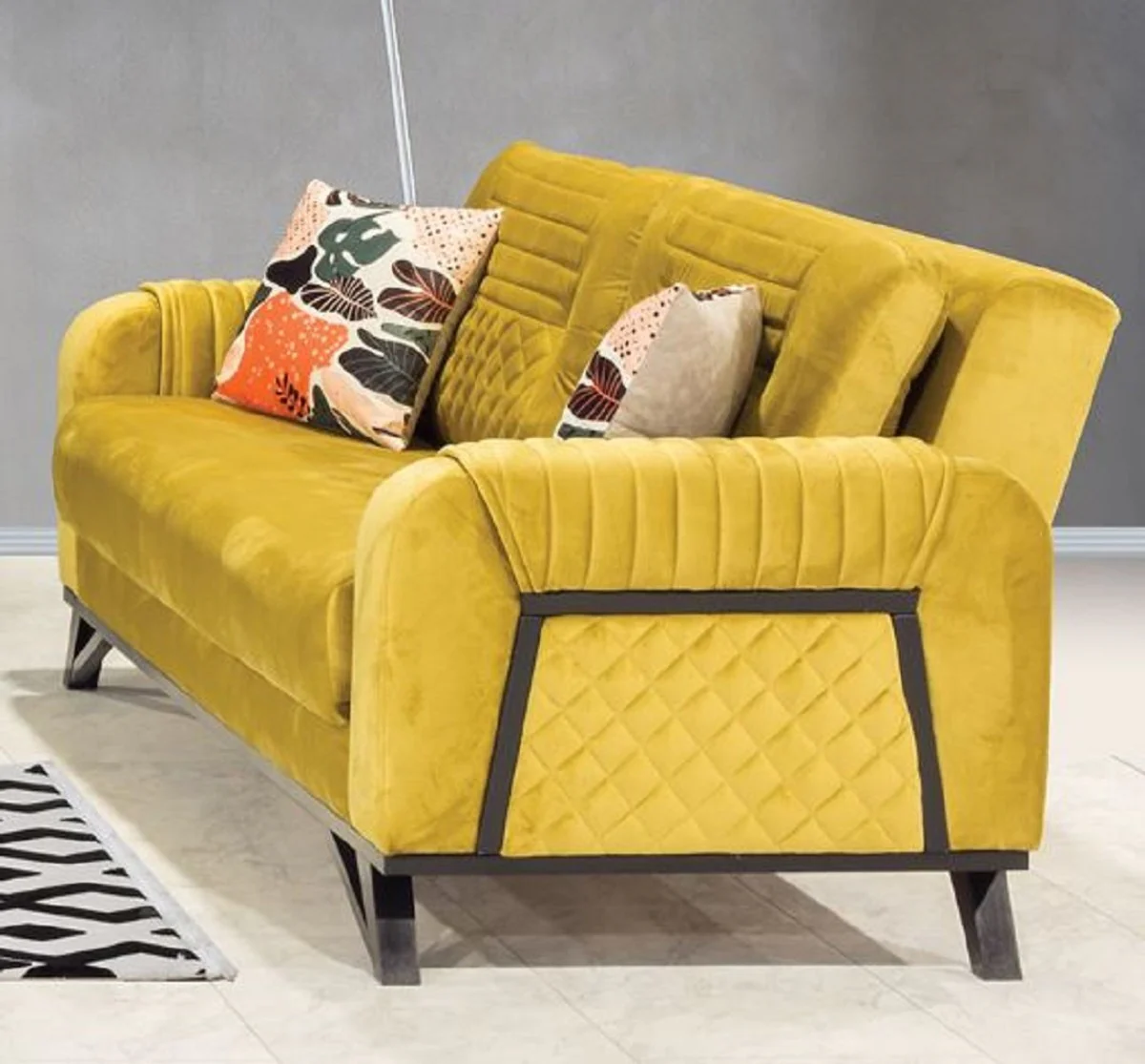 Casa Padrino sof¨¢ cama de lujo amarillo / negro 215 x 90 x A. 80 cm - Sof¨¢ de sala de estar moderno - Muebles de sala de estar modernos