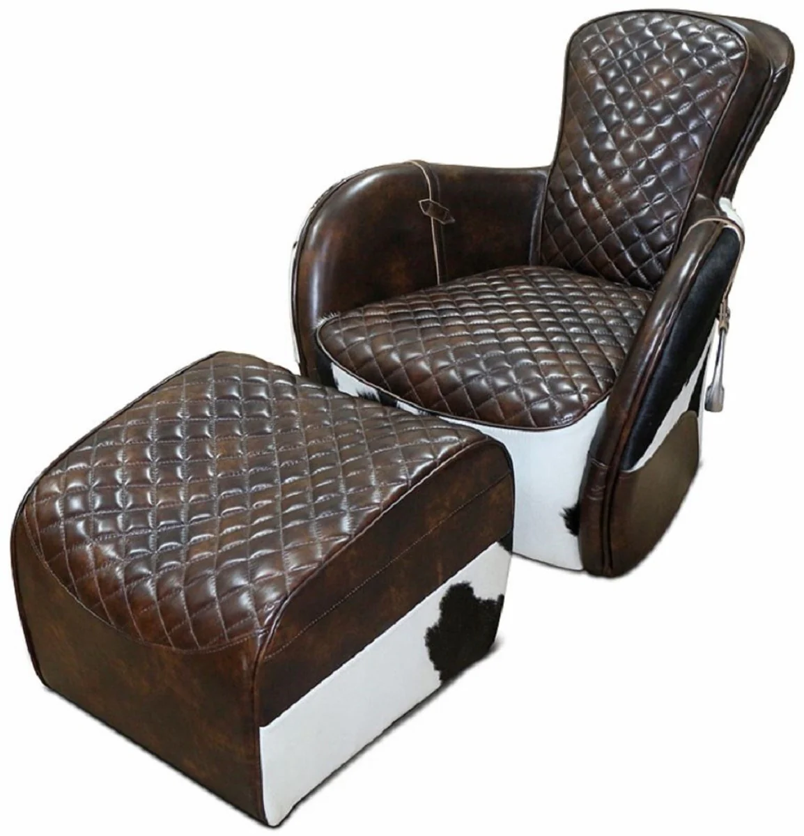 Casa Padrino sill¨®n de sal¨®n de cuero genuino con otomana marr¨®n oscuro / blanco / negro / plata - Muebles de Sal¨®n - Muebles de Cuero Genuino