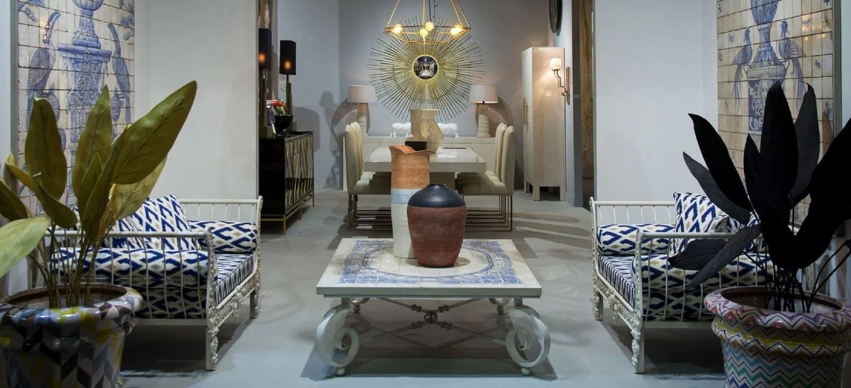 Casa Padrino Conjunto de Muebles de Hierro Forjado Barroco de Lujo Blanco / Azul / Oro - 2 Sillones & 1 Mesa de Centro - Muebles de Sal¨®n - Muebles Jard¨ªn - Muebles Barrocos de Lujo