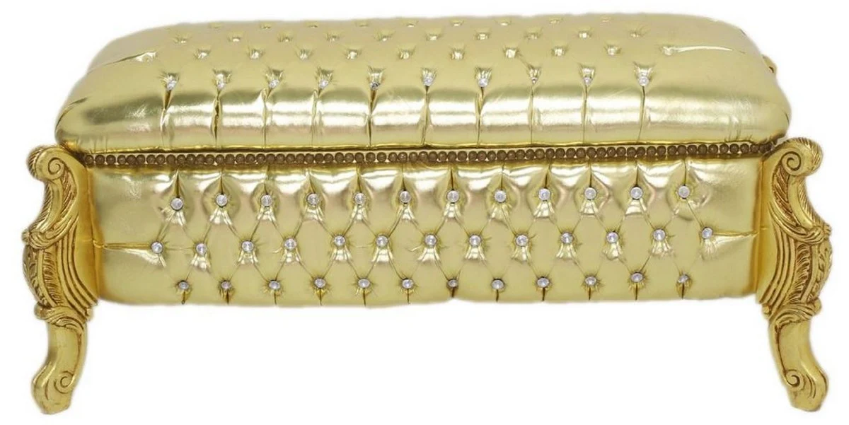 Casa Padrino banco barroco / pecho aspecto cuero oro / oro - Banco tapizado de madera maciza con pedrería - Muebles de estilo barroco
