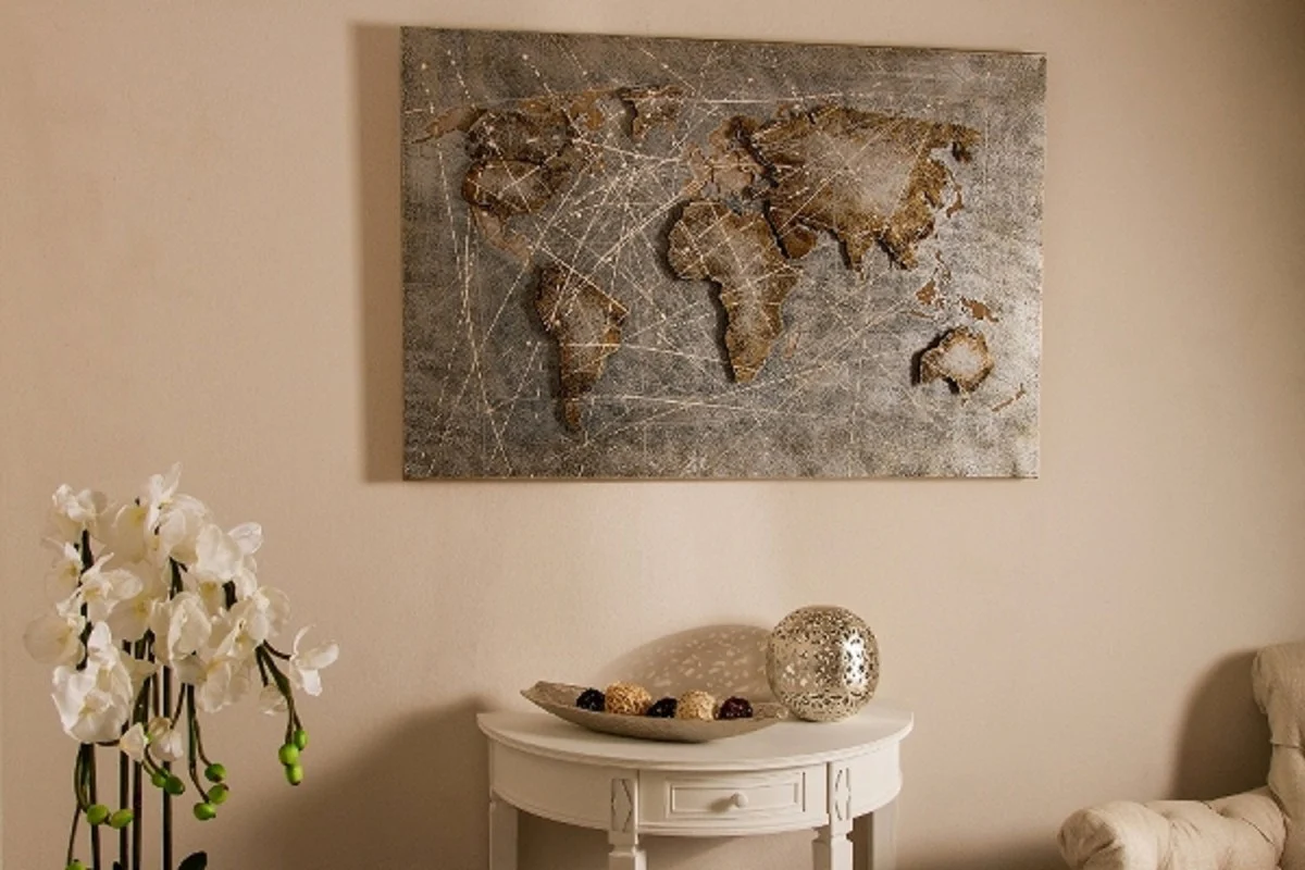 Casa Padrino mapa del mundo de la pintura al óleo de metal de lujo multicolor 120 x 5 x H. 80 cm - Pintura al óleo con efecto 3D