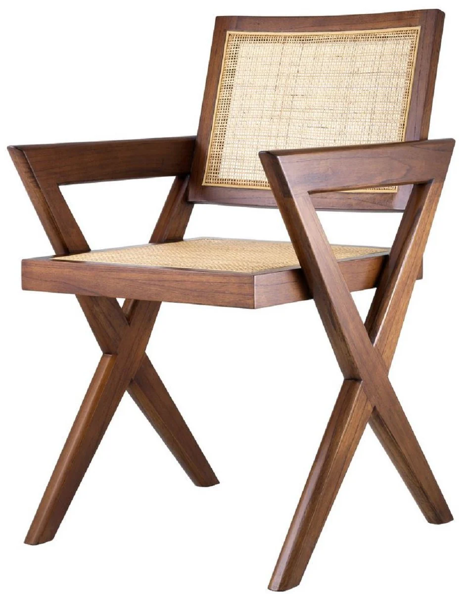 Casa Padrino silla de comedor de lujo marr¨®n / natural 53 x 57 x A. 84,5 cm - Silla de madera maciza con reposabrazos y rat¨¢n tejido a mano - Muebles de comedor de lujo