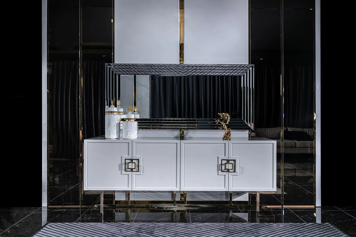 Casa Padrino aparador de lujo blanco / oro 210 x 50 x A. 85 cm - Gabinete de madera maciza noble con 4 puertas - Muebles de lujo - Interiores de lujo