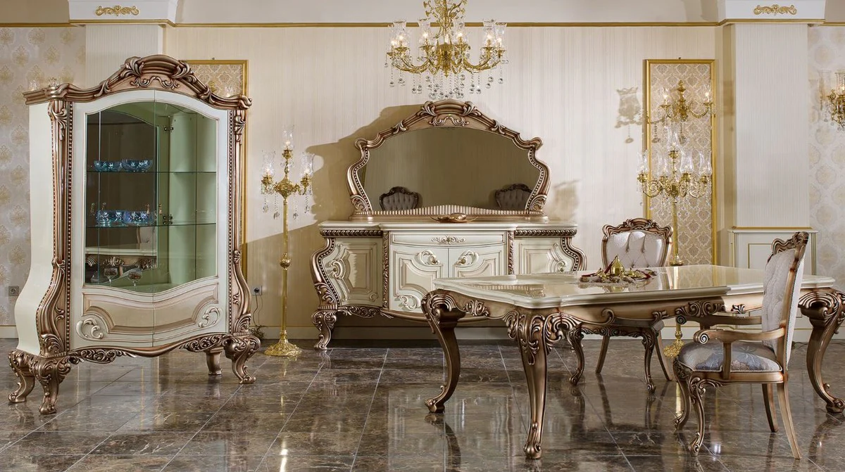 Casa Padrino vitrina barroco de lujo blanco / beige / cobre - Magn¨ªfica vitrina de madera maciza con 2 puertas de vidrio y 2 estantes de vidrio - Muebles Barrocos - Noble y Magn¨ªfico