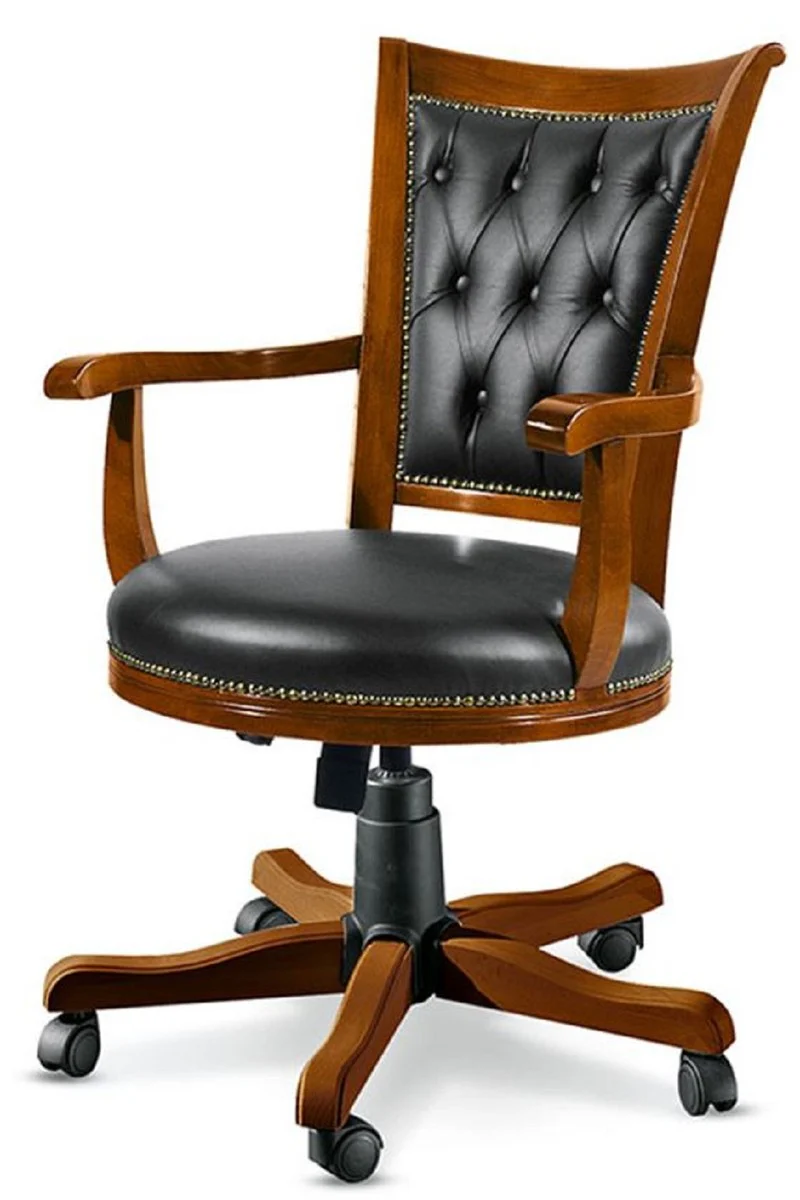 Casa Padrino silla de oficina Chesterfield de lujo negro / marr¨®n 59 x 60 x A. 100-110 cm - Silla de escritorio ajustable en altura con piel genuina - Muebles Chesterfield Oficina