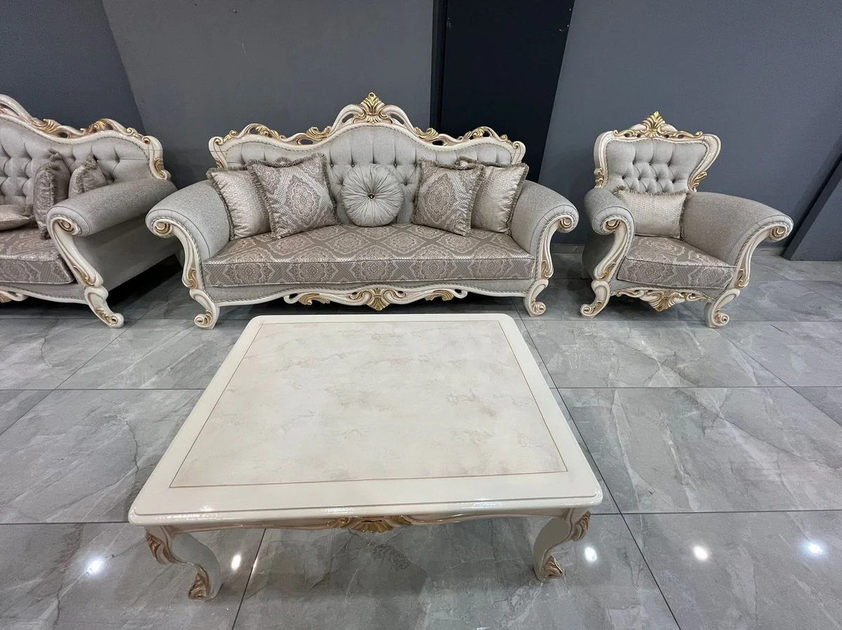 Casa Padrino sof¨¢ barroco de lujo gris / blanco / oro - Magn¨ªfico sof¨¢ de sal¨®n con pedrer¨ªa - Muebles de sal¨®n estilo barroco - Muebles de lujo estilo barroco - Muebles barrocos
