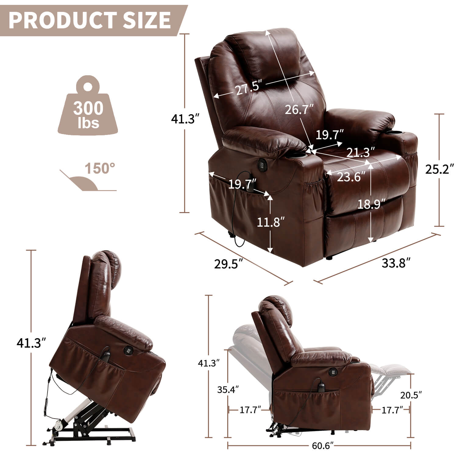 3-Position Power Lift Chair with Heal and Massage Real Leather