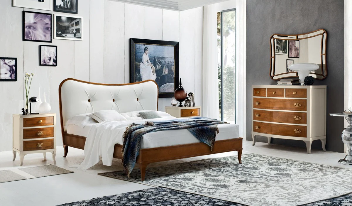 Casa Padrino cama doble Biedermeier de lujo marrón / blanco 182 x 214 x A. 120 cm - Cama de madera maciza con cabecera de cuero genuina - Muebles de Dormitorio - Calidad de Lujo