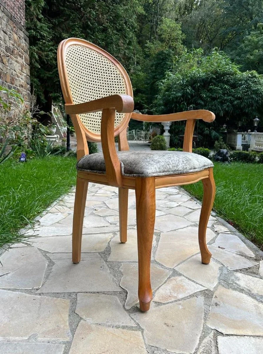 Casa Padrino silla de comedor barroco de lujo gris / natural / marrón - Silla de estilo barroco hecha a mano con reposabrazos - Muebles de comedor de estilo barroco - Noble y magnífico