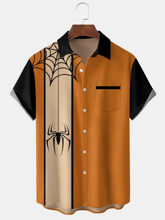 Mens Funky Halloween Spider Print Front Buttons Soft Breathable Chest Pocket Casual Aloha Shirt