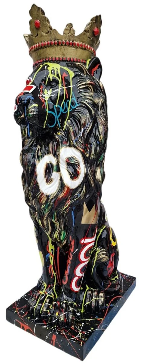 Casa Padrino figura decorativa diseño de lujo león con corona negro / multicolor A. 80 cm - Escultura decorativa resistente a la intemperie - Figura decorativa de salón - Figura decorativa animal