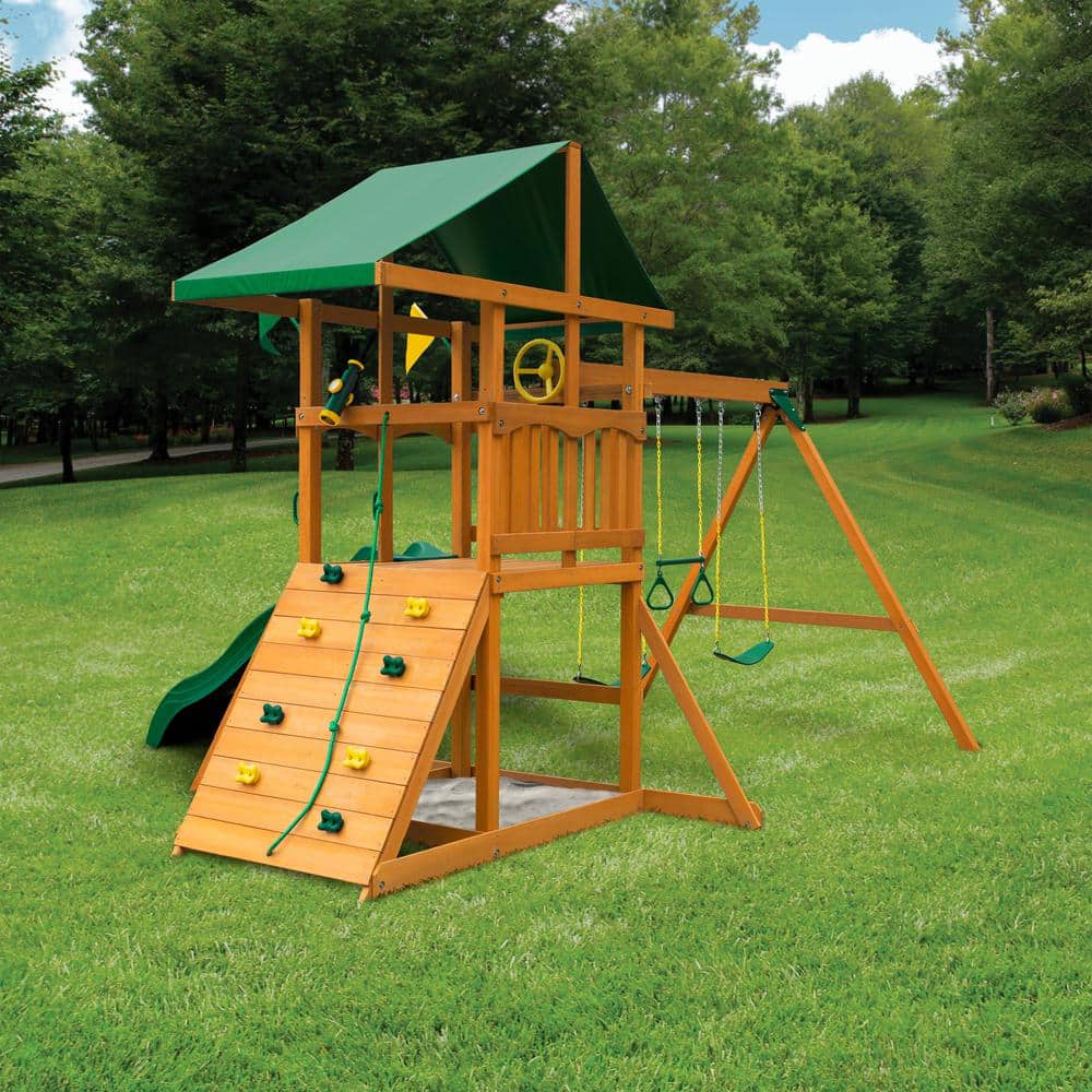DYI Outing III Wooden Outdoor Playset with Tarp Roof, Rock Wall, Wave Slide, Swings, and Backyard Swing Set Accessories