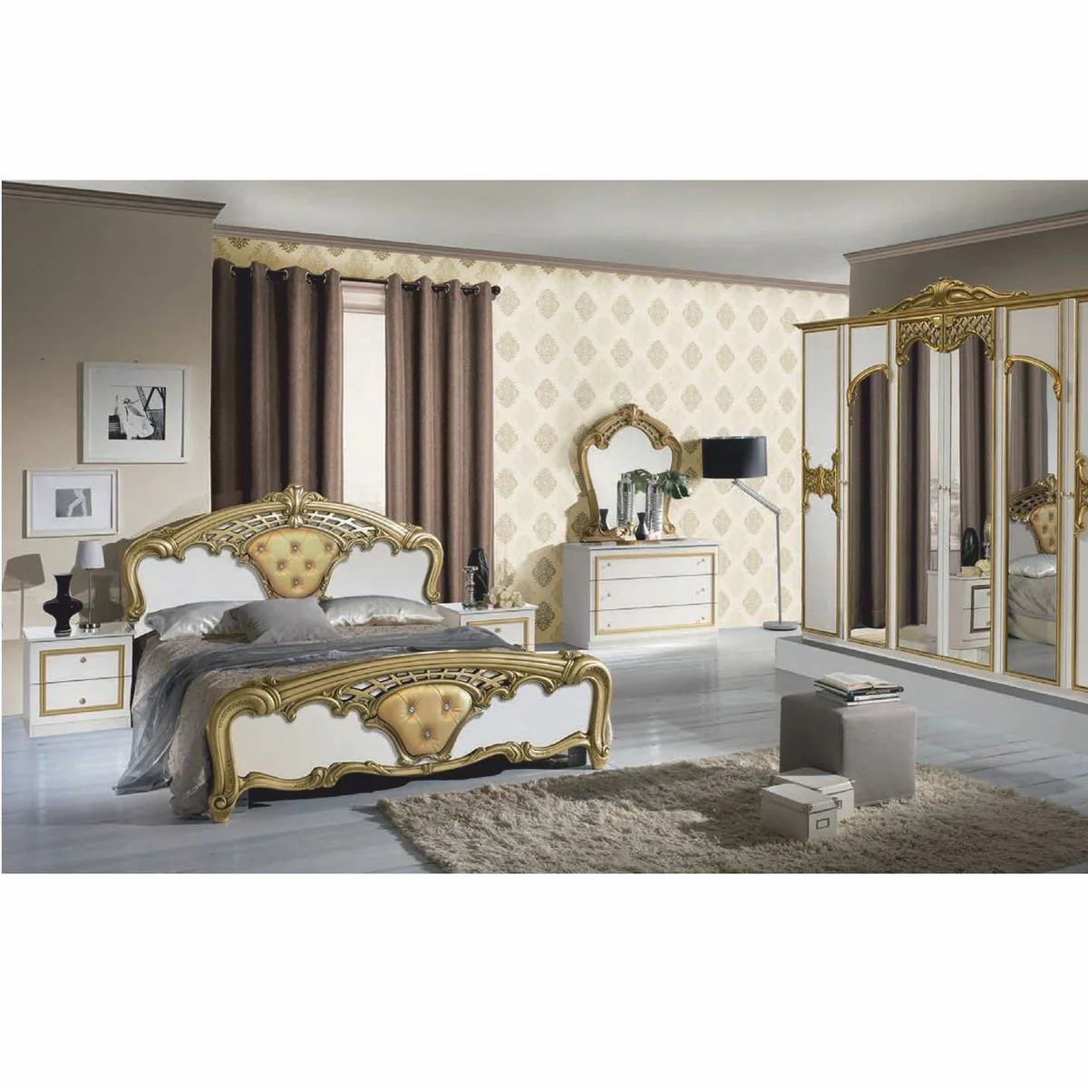 Casa Padrino cama doble barroco de lujo con pedrer¨ªa blanco / oro - Muebles de dormitorio