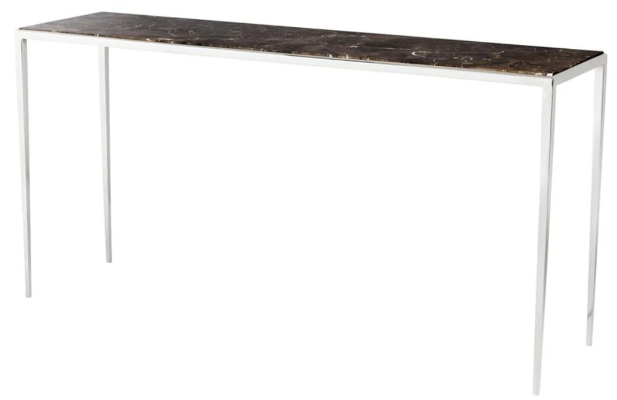 Casa Padrino consola de la sala de estar en plata con placa de m¨¢rmol marr¨®n 152 x 40 x H. 76 cm - calidad de lujo