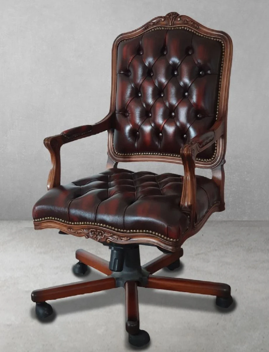 Casa Padrino silla de escritorio Chesterfield barroco de lujo de cuero rojo vino / marr¨®n / negro - Silla de oficina ajustable en altura barroco con cuero genuino - Muebles oficina barrocos