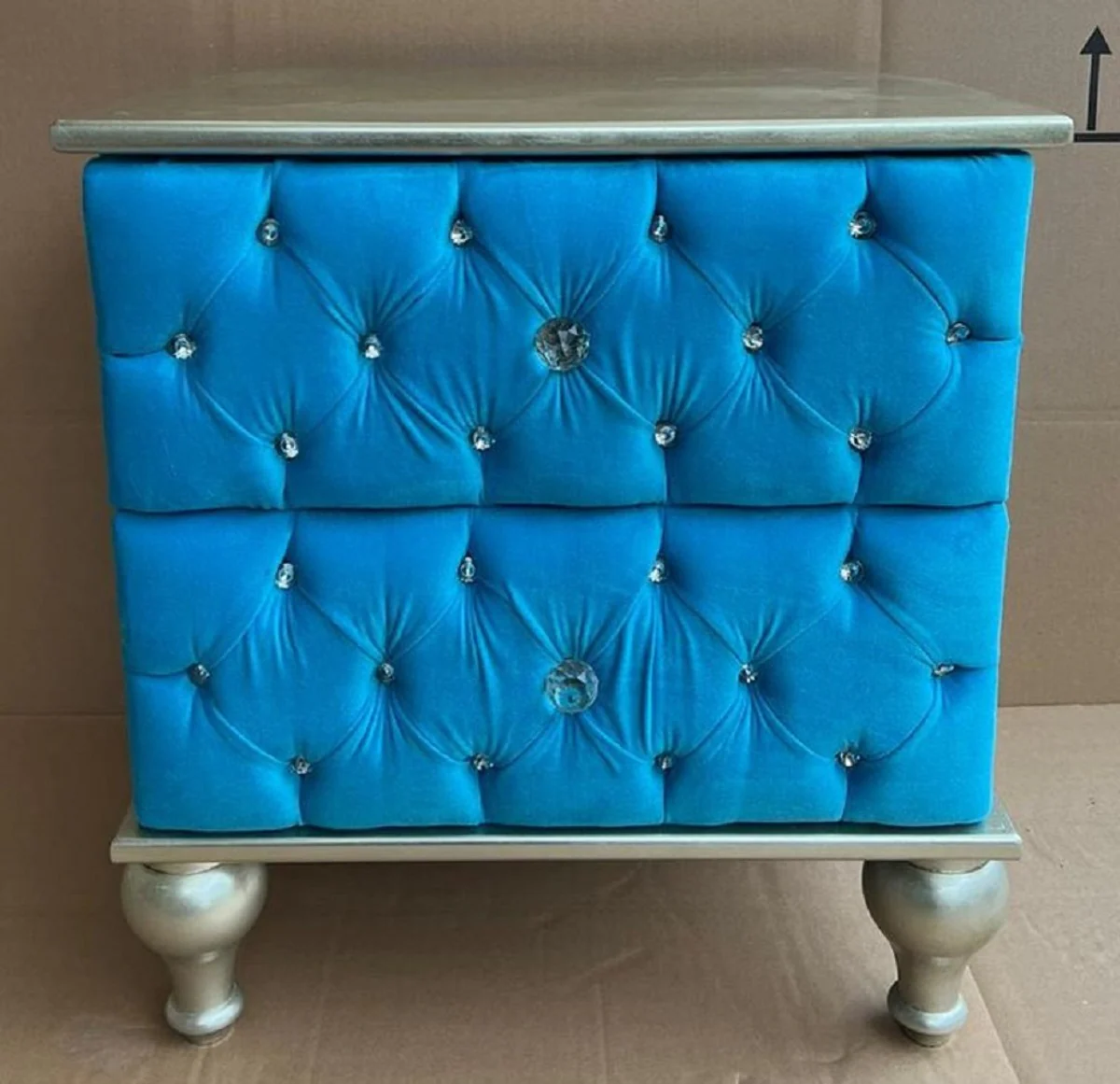 Casa Padrino mesita de noche barroco con 2 cajones y pedrería azul claro / plata - Mesita de noche de estilo barroco - Muebles barrocos - Muebles de dormitorio en estilo barroco