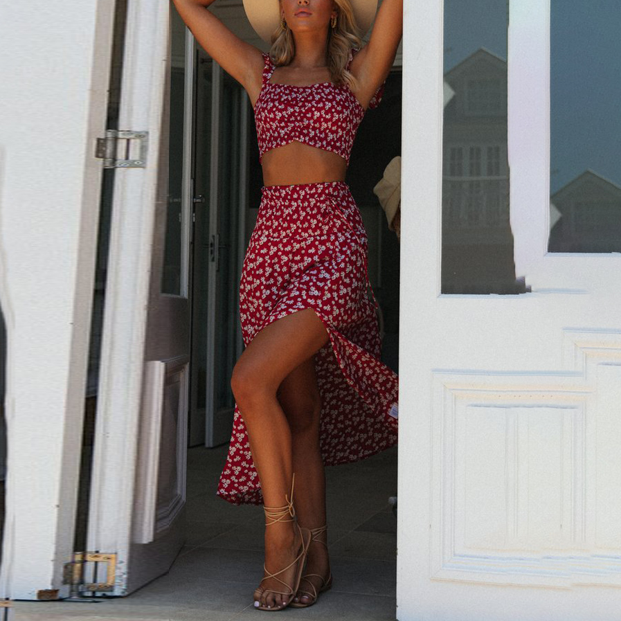 Lace-up Camisole Long Skirt Two-piece Suit