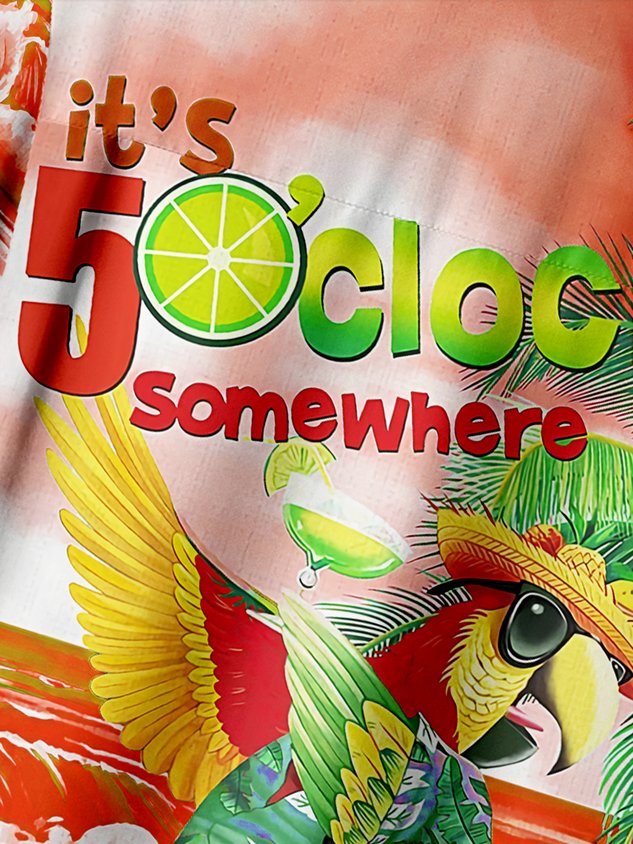 It's 5 O'Clock Somewhere Parrot Chest Pocket Short Sleeve Hawaiian Shirt