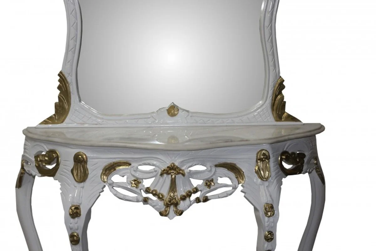 Casa Padrino Baroque Mirror Console White / Gold with Marble Panel - Console - Makeup - Limited Edition