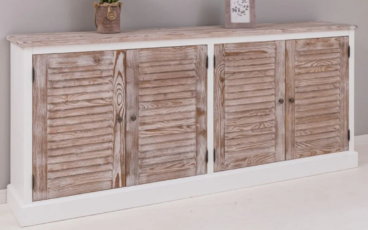 Casa Padrino aparador de estilo campestre blanco / natural 209 x 37 x A. 90 cm - Armario de madera maciza con 4 puertas - Muebles de madera maciza - Muebles de comedor - Muebles estilo campestre