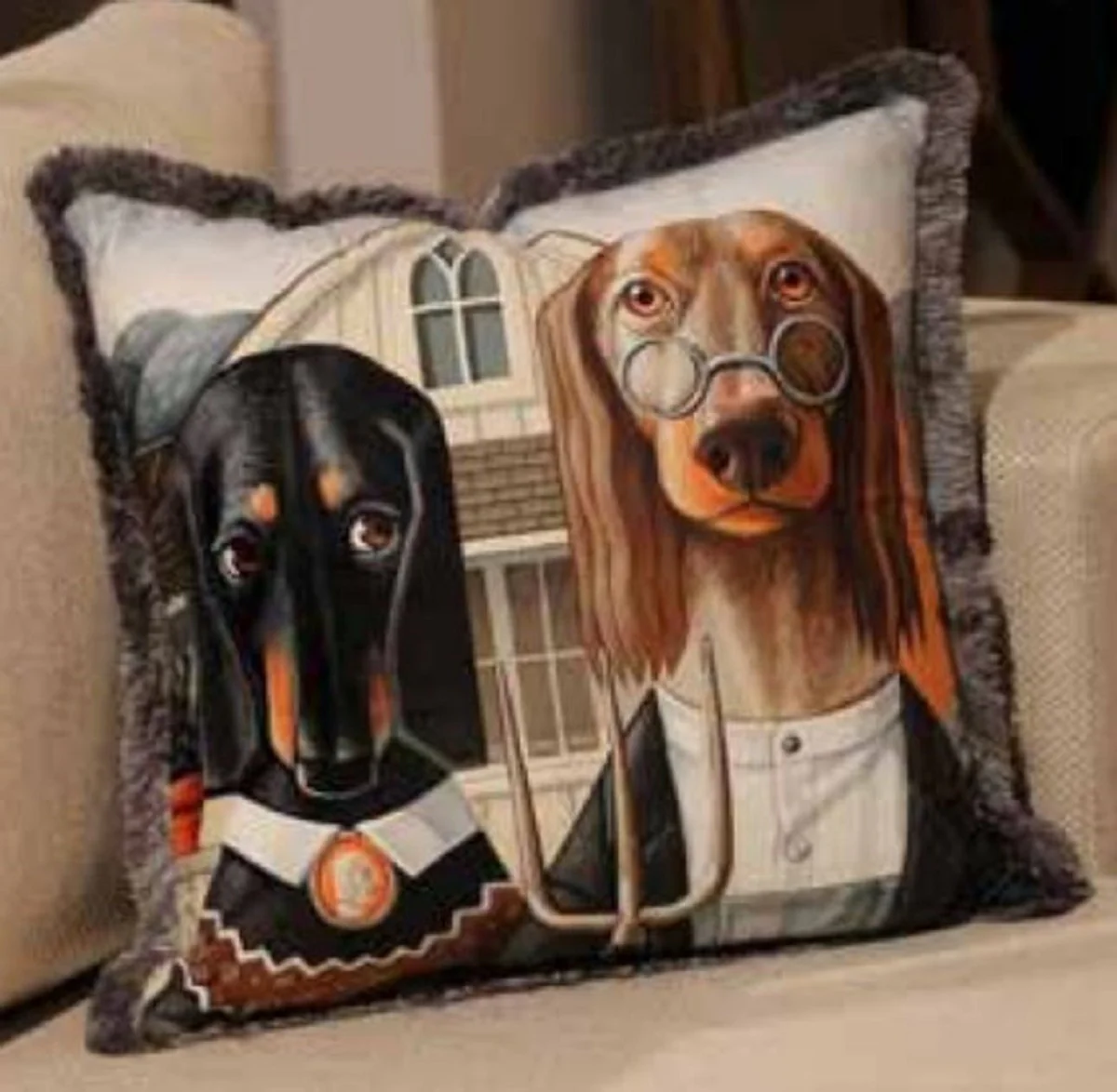 Casa Padrino almohada decorativa de lujo pareja de perros multicolor / gris 45 x 45 cm - Almohada de terciopelo estampada con flecos - Calidad de Lujo
