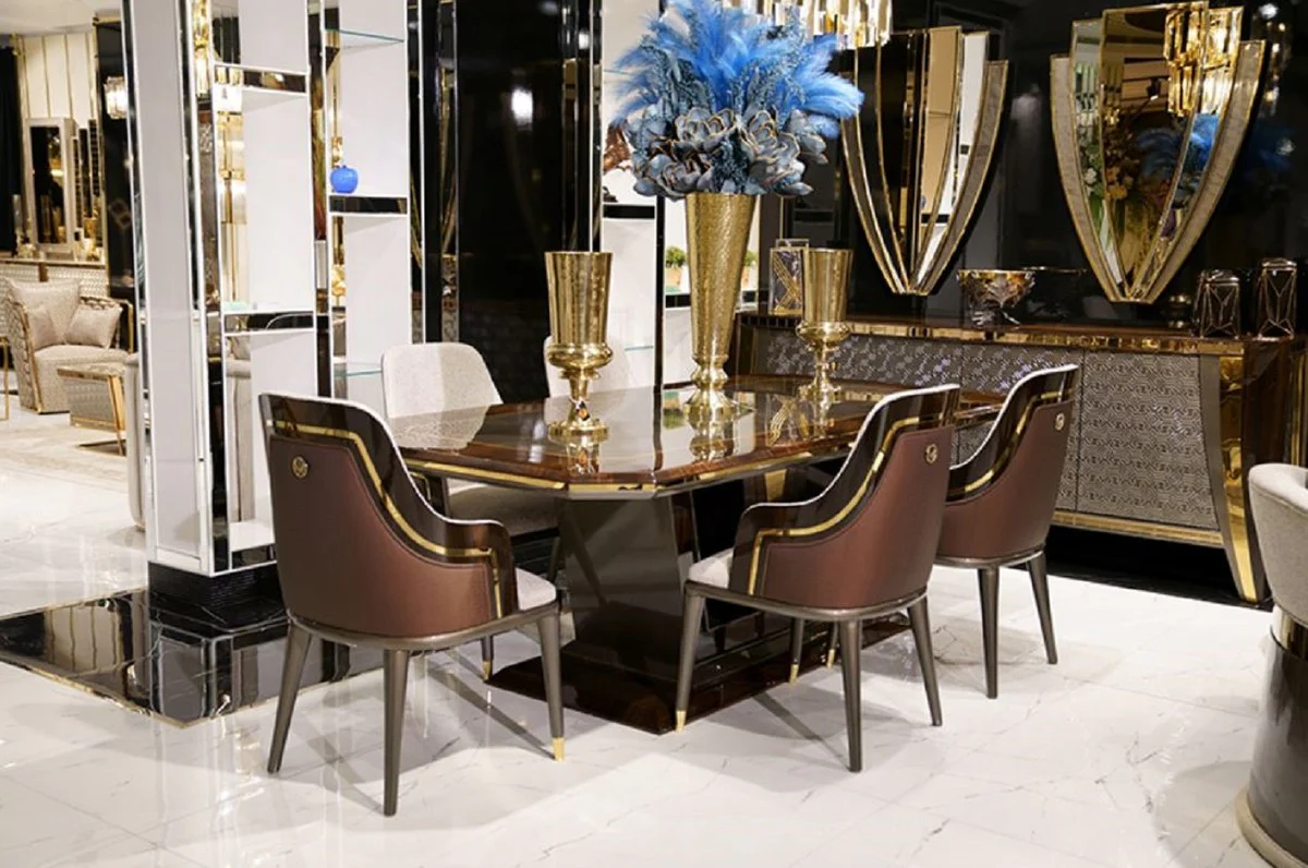 Casa Padrino Conjunto de Comedor de Lujo Gris / Marr¨®n / Oro - 1 Mesa de Comedor & 6 Sillas de Comedor - Muebles de Comedor de Lujo - Calidad de Lujo