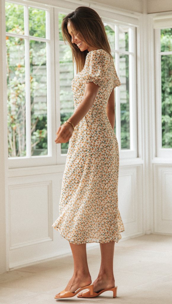 Women's Puff Sleeve Printed Slit Dress