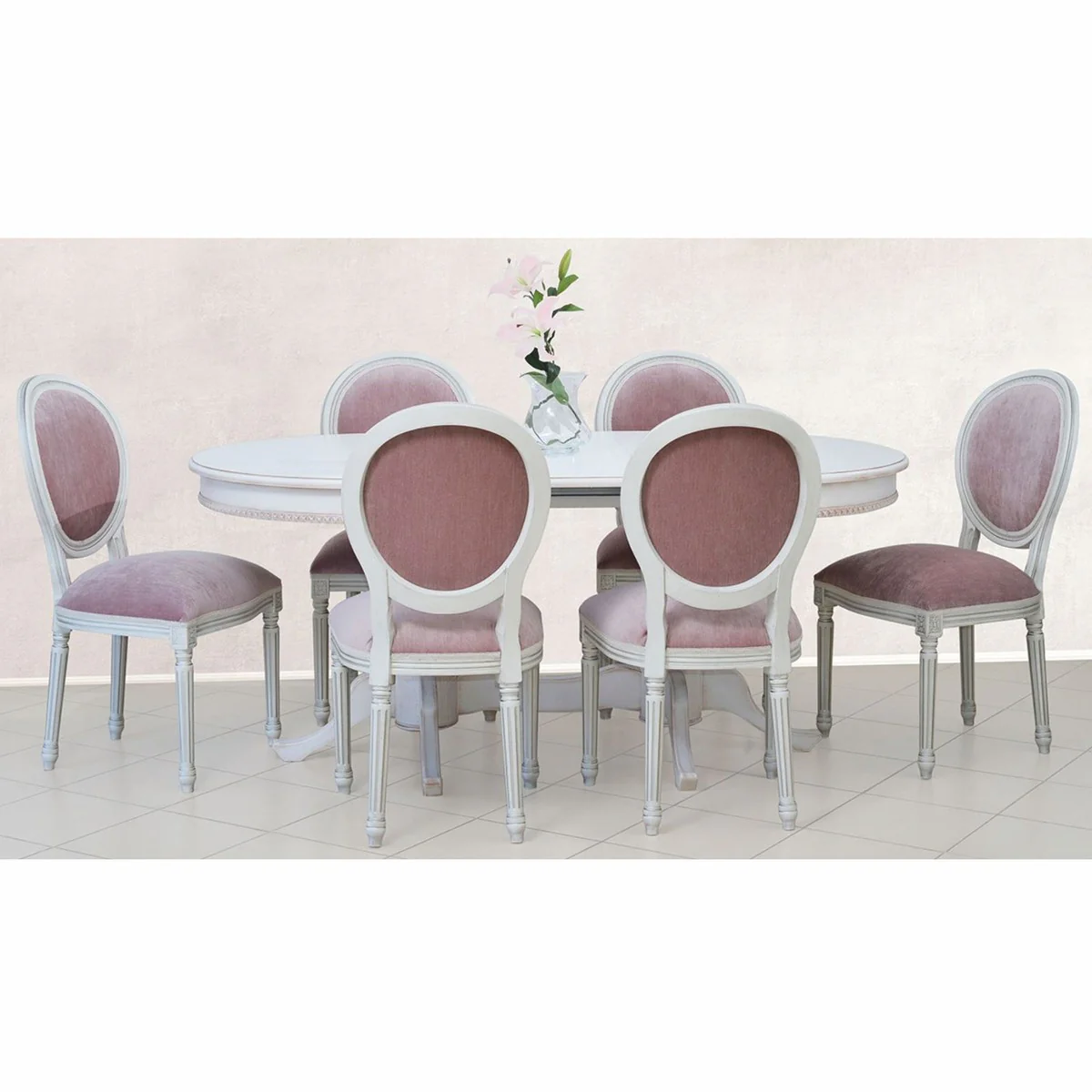 Casa Padrino Silla de Comedor Barroco de Lujo Rosa / Blanco / Plata Al. 98 cm - Muebles Barrocos