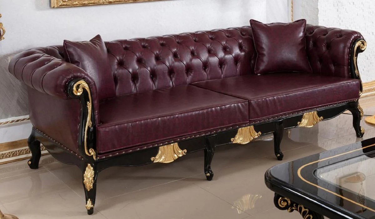 Casa Padrino sof¨¢ de cuero rojo burdeos / negro / oro - Magn¨ªfico sal¨®n sof¨¢ de cuero genuino - Muebles barrocos de cuero Chesterfield - Muebles de lujo en estilo barroco
