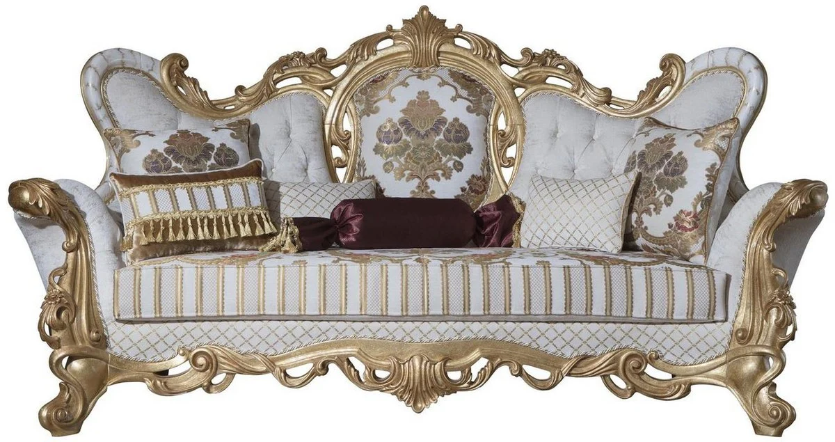 Casa Padrino sof¨¢ barroco de lujo blanco / oro 248 x 108 x A. 122 cm - Sof¨¢ de sal¨®n con patr¨®n elegante y cojines decorativos - Magn¨ªficos muebles barrocos