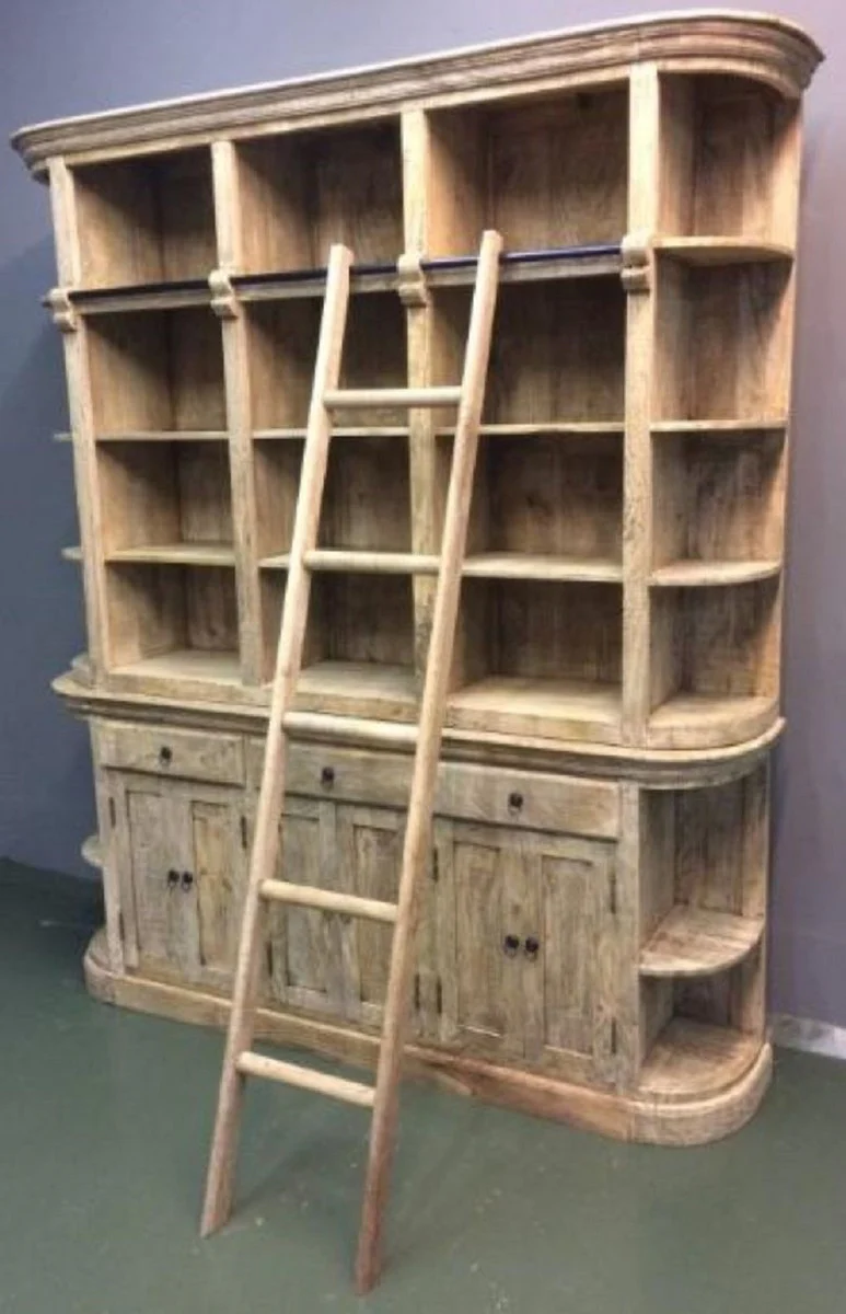 Casa Padrino armario de libros de estilo campestre con escalera natural 200 x 42 x A. 230 cm - Armario de Sala de Estar de Madera Maciza - Armario de Oficina - Muebles de Estilo Campestre