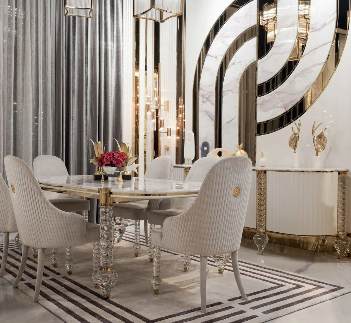 Casa Padrino aparador Art Deco de lujo blanco / gris / oro 246 x 60 x A. 89 cm - Gabinete noble de madera maciza con 4 puertas y tapa de mármol artificial - Muebles Art Deco - Calidad de Lujo