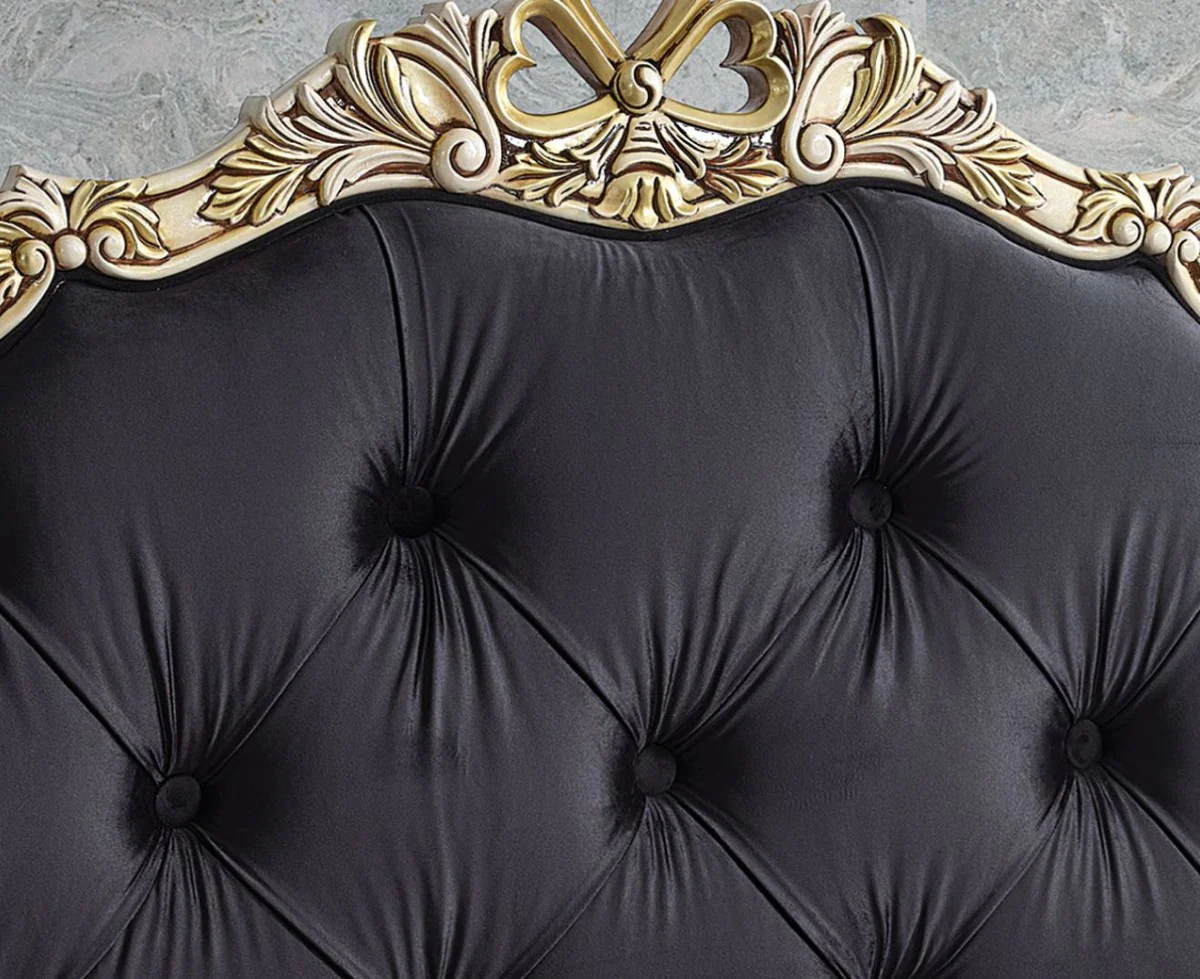 Casa Padrino conjunto de muebles de dormitorio barroco de lujo negro / crema / oro - Varios Tamaños - 1 Cama Doble Barroco con Colchón y 2 Mesitas de Noche Barroco - Muebles de Dormitorio Barrocos