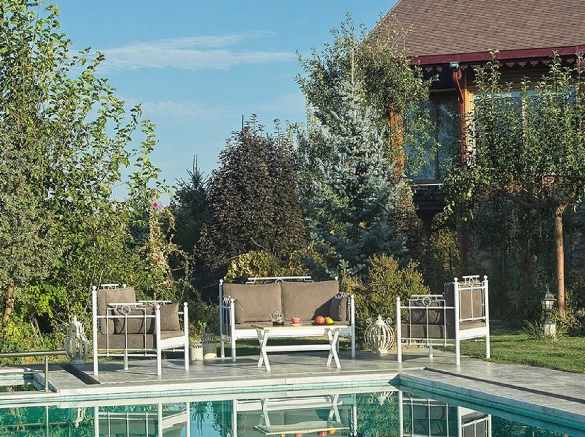 Casa Padrino Art Nouveau Conjunto de Muebles de Jardín Gris / Blanco - 1 Sofá y 2 Sillones y 1 Mesa - Muebles de Jardín y Patio Art Nouveau