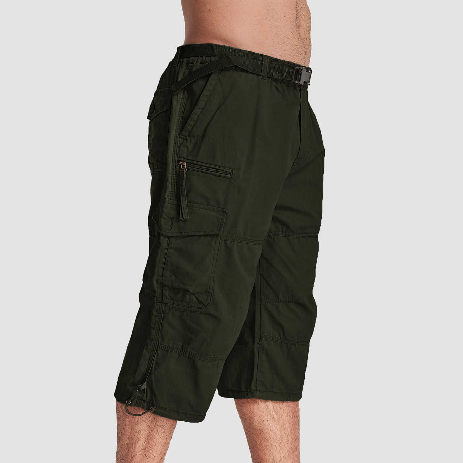 Men Summer Casual 3/4 Long Cargo Shorts Twill Cotton Elastic Waist Multiple Pockets Comfortable Capris Trousers