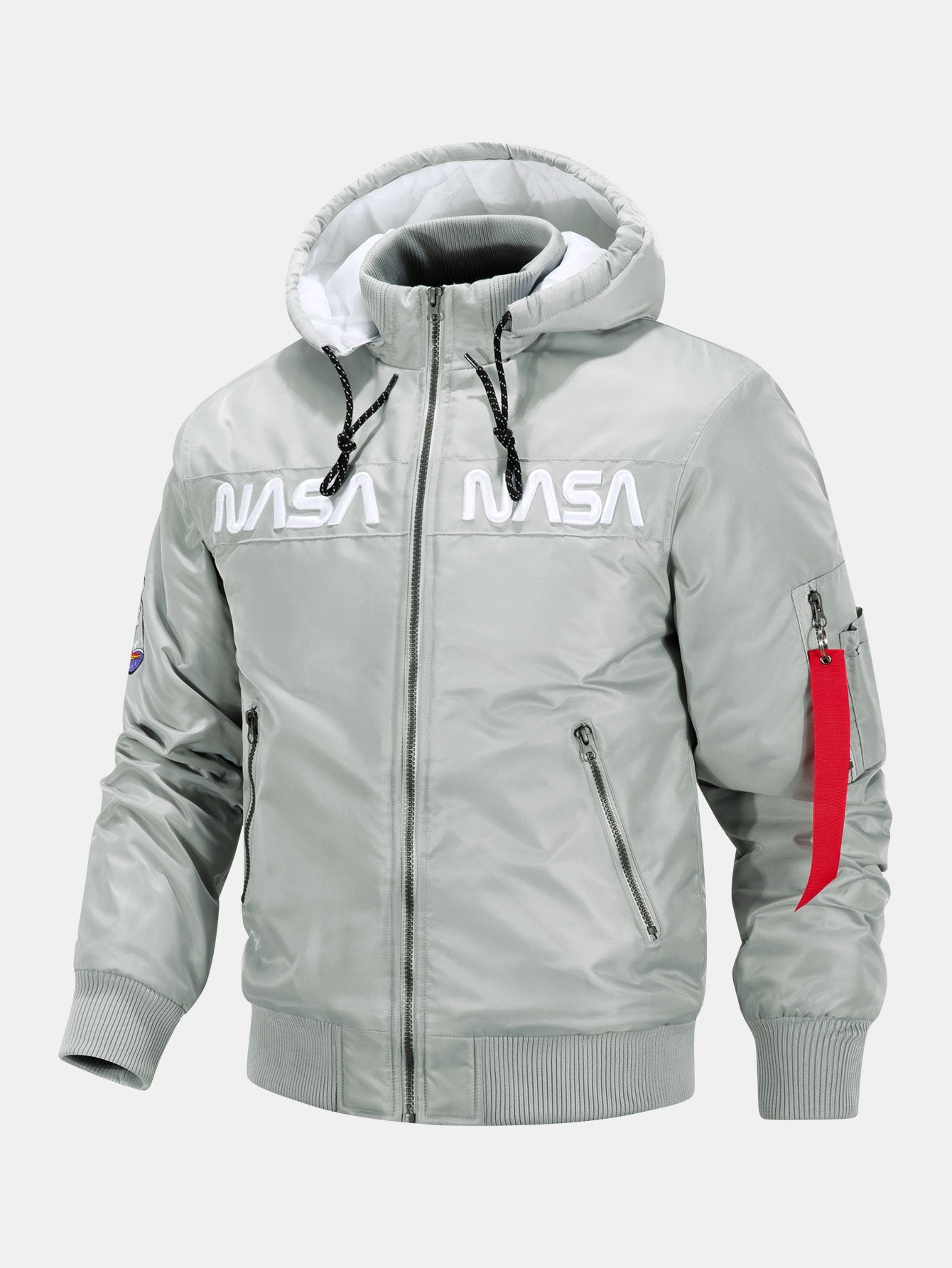 NASA Embroidery Quilted Lined Detachable Hooded Bomber Jacket
