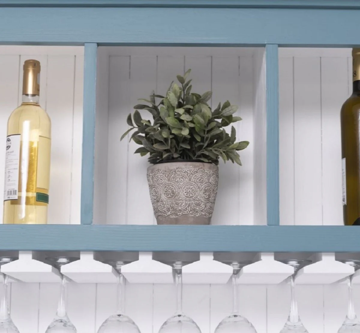 Casa Padrino armario de bar de madera maciza de estilo campestre azul / blanco 103 x 36 x A. 210 cm - Gabinete de vino de madera maciza estilo campestre - Mueble bar de estilo campestre