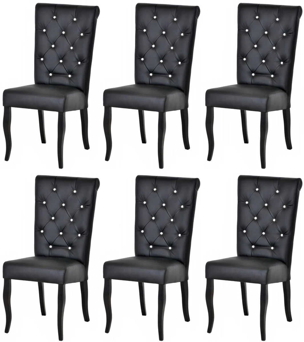 Casa Padrino conjunto de 6 sillas de comedor Chesterfield Neo Barrocos negro / negro - Sillas de cocina de cuero artificial con pedrer¨ªa - Muebles de Comedor Chesterfield - Muebles Neo Barrocos