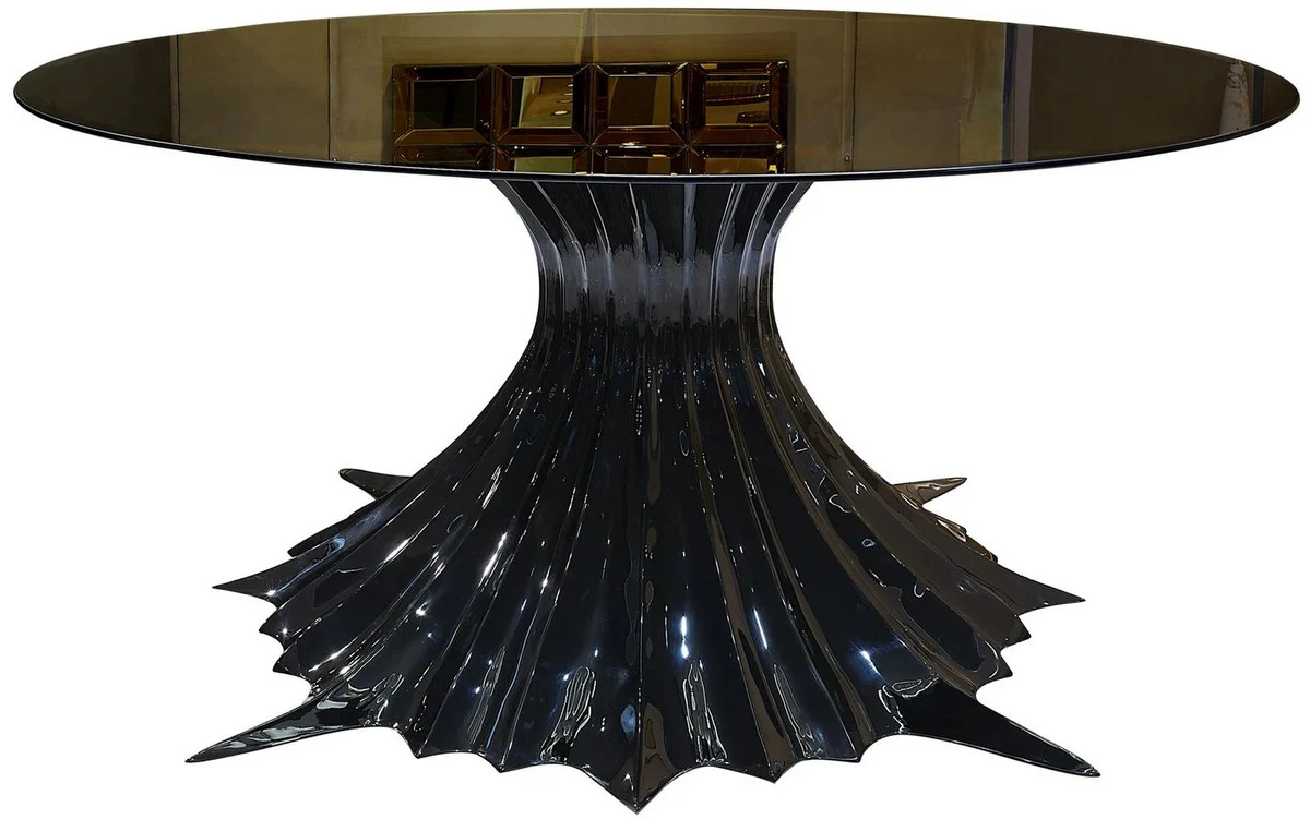 Casa Padrino mesa de comedor de dise?o de lujo negro alto brillo / negro ? 180 x A. 78 cm - Mesa de comedor hecha a mano con tapa redonda de vidrio - Muebles de comedor de lujo - Calidad de Lujo