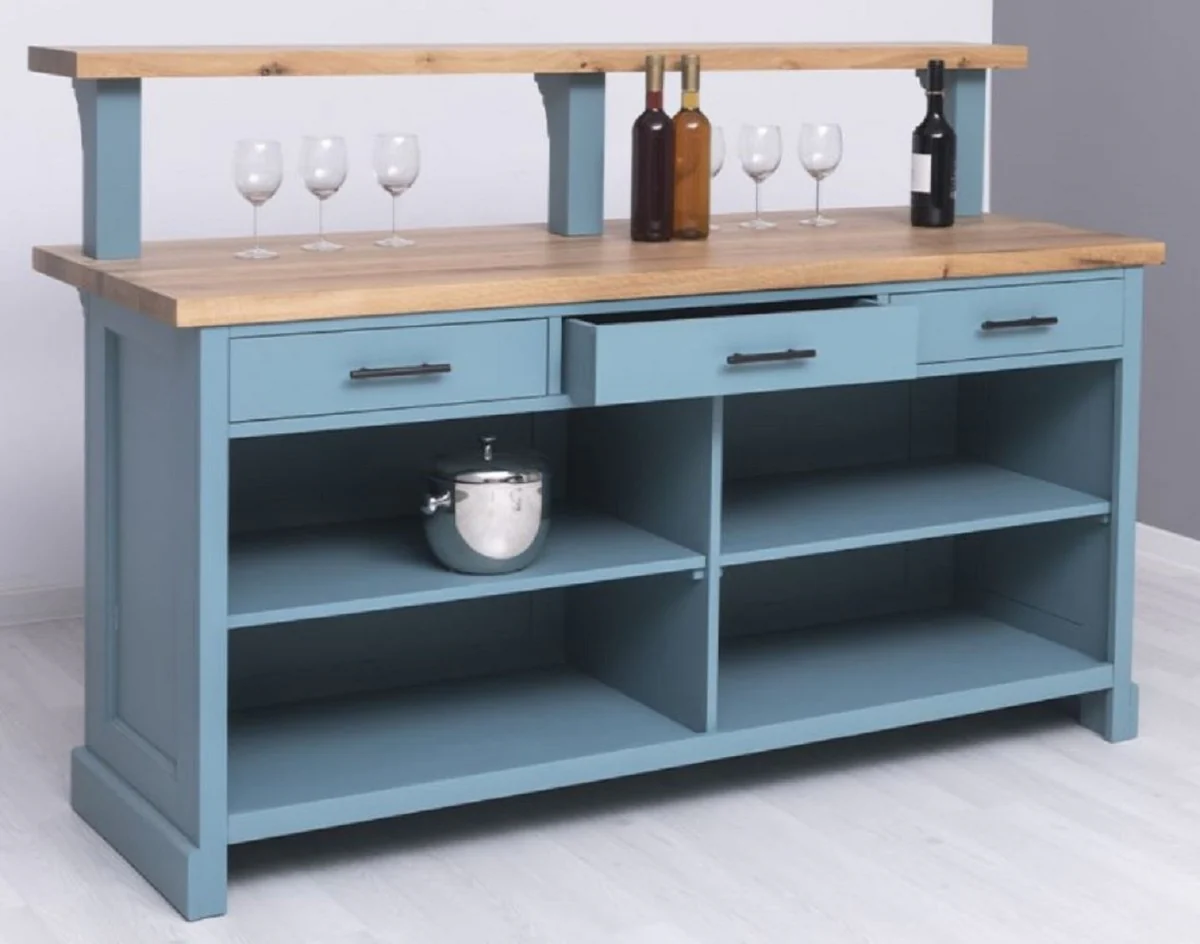 Casa Padrino barra de bar de estilo campestre azul claro / natural 180 x 68 x A. 120 cm - Barra de bar de madera maciza - Muebles de bar de madera maciza - Muebles de bar en estilo campestre
