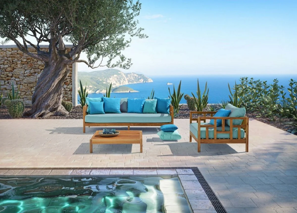 Casa Padrino sofá de jardín de lujo de madera maciza marrón / azul claro 220 x 94 x A. 65 cm - Sofá de teca resistente a la intemperie con almohadas - Muebles de Jardín y Terraza - Calidad de Lujo