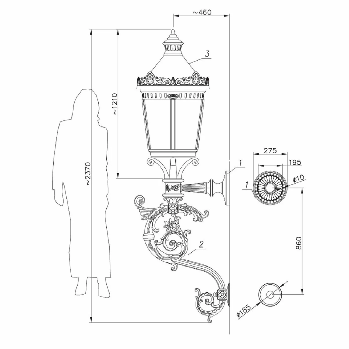 Casa Padrino l¨¢mpara de pared de exteriores barroco negro A. 237 cm - Enorme l¨¢mpara de exterior de jard¨ªn